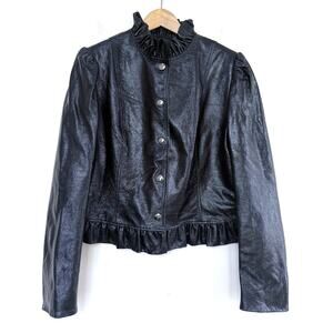 VIVETTA black 100% goat leather ruffles button long sleeve moto biker jacket
